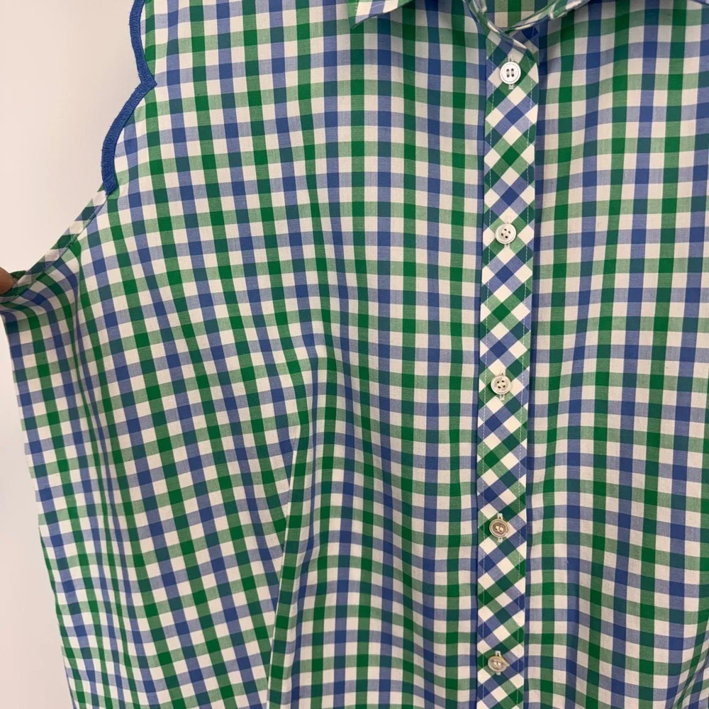 Talbots Womens 18 Gingham Sleeveless Button Down Shirt Scallop Trim Green Blue - Picture 8 of 13
